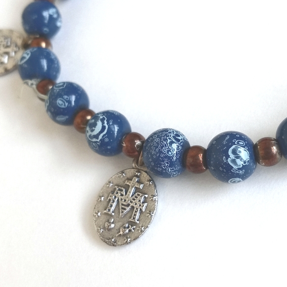 *Relisted* Blue Copper Beaded Rosary Bracelet  Mary Madeline Pendants & Cross - Picture 3 of 8